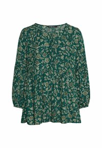 Blusa floreale verde con maniche lunghe, scollo a V, dettagli con bottoni e orlo a strati. Il tessuto presenta una finitura testurizzata con motivi floreali bianchi e beige.