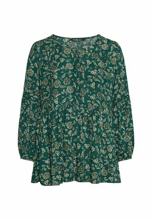 Grøn blomstret bluse med lange ærmer, V-hals, knapdetaljer og lagdelt kant. Stof har en tekstureret overflade med hvide og beige blomstermønstre.