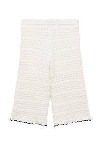 White textured cropped pants with a wavy pattern, featuring a scalloped hemline in black. Elastic waistband for comfort.