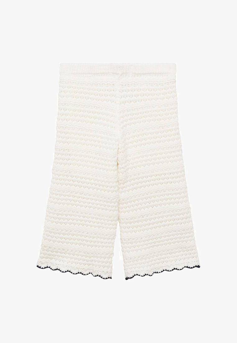 White textured cropped pants with a wavy pattern, featuring a scalloped hemline in black. Elastic waistband for comfort.