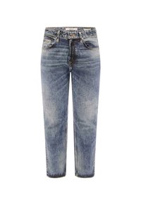 Denim jeans in een vervaagde blauwe wass brengen, met een medium taille en een rechte pijpontwerp, voorzien van riemlussen, voor- en achterzakken en contrasterende stiksels.