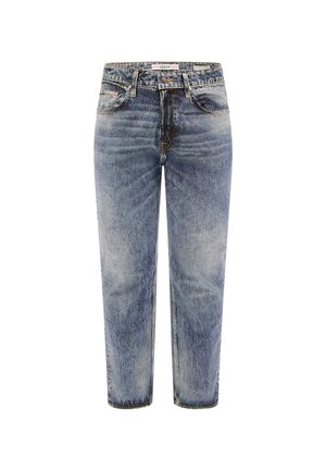 Faded blue wash denim teksad, keskmise kõrgusega ja sirge sääre disainiga, millel on vööloopide, ees- ja tagataskud ning kontrastne õmblus.