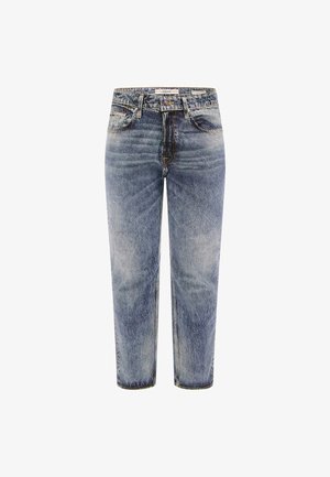 Izbalināti zila apģērba džinsi ar vidēju jostas augstumu, taisnas kājas dizains, kurā ir jostas cilpas, priekšējie un aizmugurējie kabatas, kā arī kontrastējošas šuves.