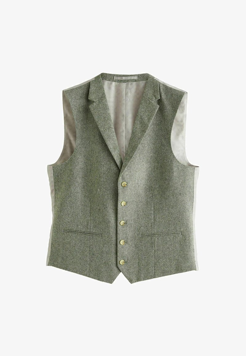 Grüne, strukturierte Wollweste mit V-Ausschnitt, einreihigem Design, fünf Knöpfen und zwei Fronttaschen. Futter in heller Farbe.
