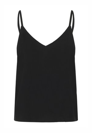 Melnas bez piedurknēm virsdrēbes ar V veida kakla izgriezumu, izgatavota no gluda auduma. Iezīmējas ar plāniem siksniņām un brīvu piegriezumu, bez papildu rakstiem vai akcentiem.