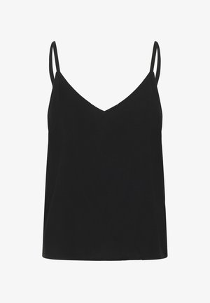 Melnas bez piedurknēm virsdrēbes ar V veida kakla izgriezumu, izgatavota no gluda auduma. Iezīmējas ar plāniem siksniņām un brīvu piegriezumu, bez papildu rakstiem vai akcentiem.