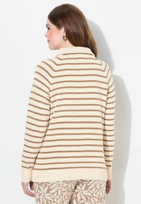 Beige- und braun gestreifter Pullover mit umgeschlagenem Kragen, geripptem Saum und langen Ärmeln, aus weichem Strickstoff.