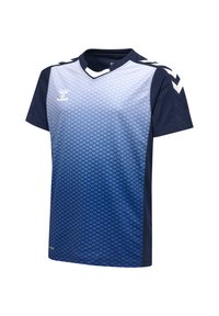 Marineblå og lys blå sportsjersey med korte ærmer, med et gradientmønster, v-halsdesign og chevron-detaljer på skuldrene.