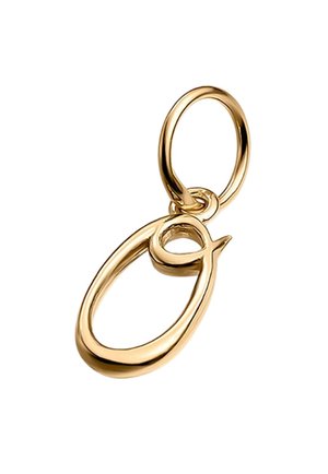 Colgante dorado con forma ovalada y un lazo circular integrado. Superficie lisa, acabado reflectante y un diseño minimalista.