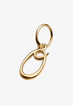 Colgante dorado con forma ovalada y un lazo circular integrado. Superficie lisa, acabado reflectante y un diseño minimalista.