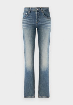 Lyseblå denimjeans med en litt falmet vask, standard fem-lommers design og en utsvingt ben-silhouette.