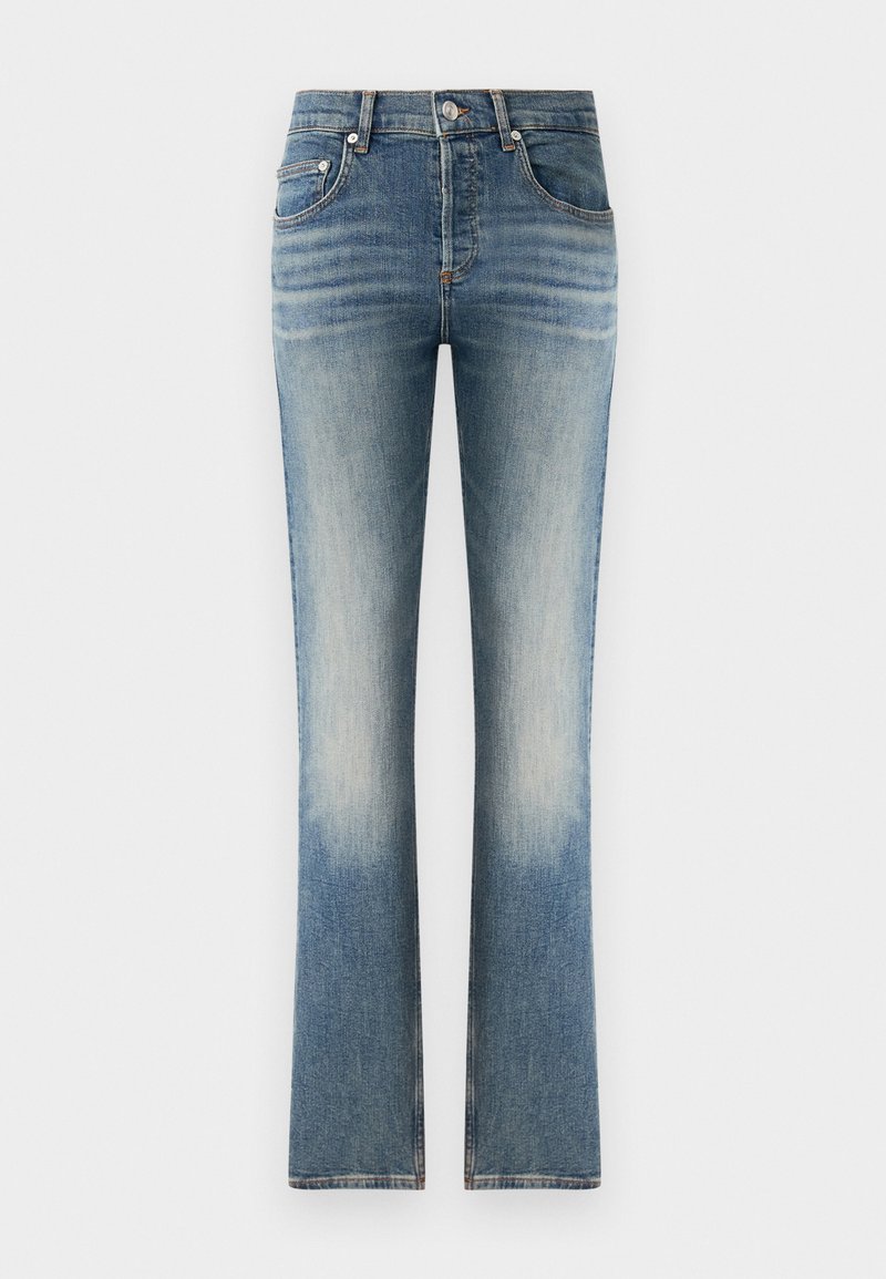 Lysblå denim jeans med en let falmet vask, standard fem-lomme design og en flagrende ben silhuet.