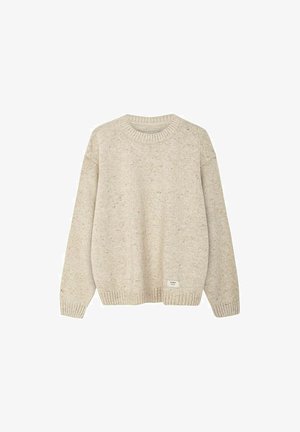 Knitted beige sweater with a round neckline, ribbed cuffs and hem, featuring a speckled texture and a small label at the bottom.