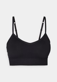 Black bra made of smooth fabric with a V-neckline, adjustable thin straps, and a wide band at the bottom. No padding or underwire.