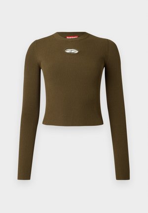 Langermet, ribbestrikket limegrønn cropped genser med en liten oval metalldetalj under utringningen.