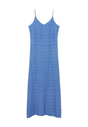 Vestido azul sin mangas con tirantes finos y pequeño estampado floral blanco, de longitud midi y escote en V.