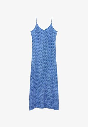 Blauwe mouwloze jurk met dunne bandjes en klein wit bloemenpatroon, midi-lengte en V-hals.
