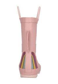 Bottine de pluie en caoutchouc rose avec des rayures verticales colorées à l'arrière, deux languettes de tirage sur les côtés et une semelle texturée.