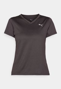 Černé tričko s krátkým rukávem a výstřihem do V vyrobené z hladké, lehké látky. Na horní levé straně má malé bílé logo Puma.