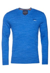 Blauer, langärmeliger Pullover mit V-Ausschnitt. Hergestellt aus strukturiertem Stoff, zeichnet sich durch ein dezentes Melange-Muster und ein kleines Logo auf der Brust aus.