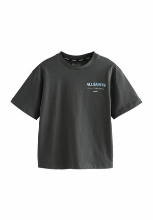T-shirt a maniche corte grigio carbone realizzato in cotone. Presenta il logo "ALLSAINTS" in azzurro chiaro sul lato sinistro del petto e un collo rotondo.