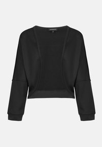 Svart cropped jacka med långa ärmar, öppen framsida och en strukturerad stickad panel. Slät tyg med en avslappnad, lös passform och elastiska ärmslut.