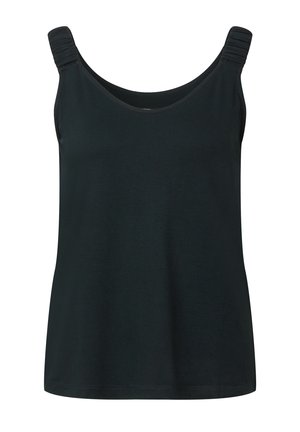 Débardeur noir avec un col rond, détails de bretelles froncées et une coupe décontractée. Fabriqué en tissu doux et léger avec une texture lisse.