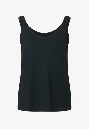 Débardeur noir avec un col rond, détails de bretelles froncées et une coupe décontractée. Fabriqué en tissu doux et léger avec une texture lisse.