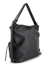 Black leather shoulder bag with a soft, textured surface, an adjustable strap, and silver hardware accents. Features a slouchy, spacious design.