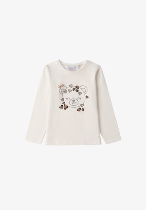 T-shirt a maniche lunghe di colore crema con una grafica di un orso adornata da cuori, contornata da piccole borchie e accentuata da dettagli metallici. Tessuto in cotone morbido.