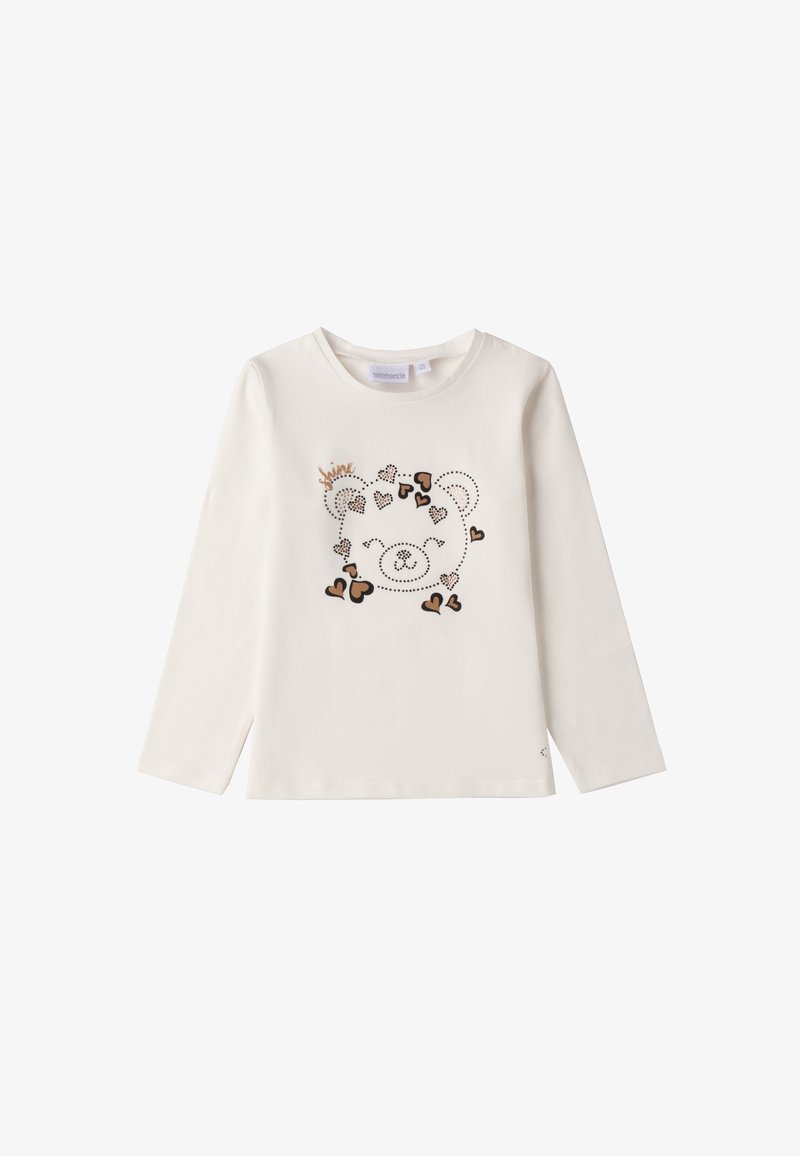 Langärmliges cremefarbenes T-Shirt mit einem Bärenmotiv, umgeben von Herzen, das mit kleinen Nieten und metallischen Akzenten umrandet ist. Aus weichem Baumwollstoff.