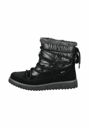 Botas negras hasta el tobillo con parte superior de material sintético, parte inferior de ante, un lujoso borde de piel sintética y suela gruesa de goma con superficie texturizada y cordones.