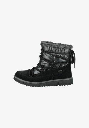 Černé kotníkové boty s vrškem z syntetického materiálu, spodní částí z semiše, hebkým kožíškem a silnou gumovou podrážkou s texturovaným povrchem a tkaničkami.