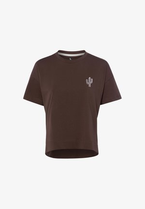 T-shirt court marron à manches courtes avec un petit cactus blanc en contour sur la poitrine gauche.