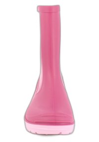 Botte en caoutchouc rose montante avec une texture lisse, un bout arrondi et une semelle blanche contrastante. Présente un design sans couture et une tige simple.