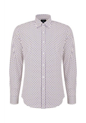 Biała koszula z długim rękawem z misternym wzorem gwiazdy w kolorze niebieskim i żółtym, z kołnierzykiem zapinanym na guziki i miękkim materiałem bawełnianym.