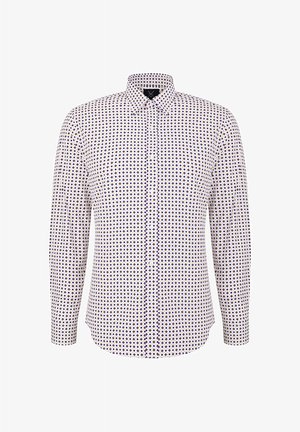 Biała koszula z długim rękawem z misternym wzorem gwiazdy w kolorze niebieskim i żółtym, z kołnierzykiem zapinanym na guziki i miękkim materiałem bawełnianym.