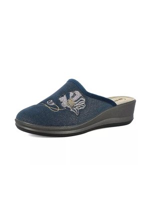 Scarpa slip-on blu scuro con tomaia testurizzata, caratterizzata da ricami floreali in bianco e grigio, e una suola in gomma a zeppa bassa.