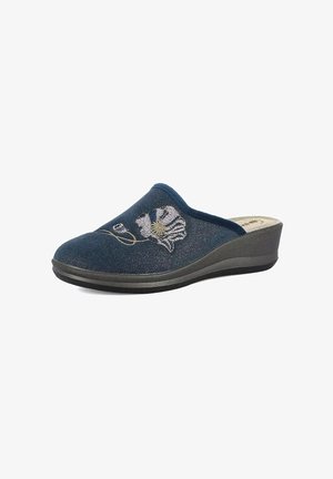 Scarpa slip-on blu scuro con tomaia testurizzata, caratterizzata da ricami floreali in bianco e grigio, e una suola in gomma a zeppa bassa.