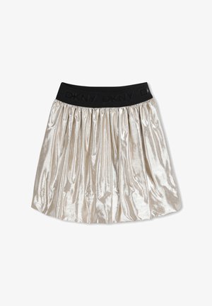Glinsterende zilveren geplooide rok met een brede zwarte elastische tailleband met herhaald DKNY-logo in reliëfletters.