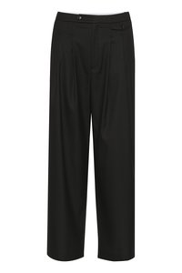 Black wide-leg trousers with a tailored design, featuring front pleats, a flat waistband, and two button accents on the waistband.