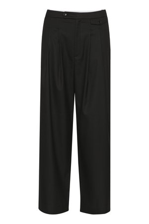 Pantaloni neri a gamba larga con un design sartoriale, caratterizzati da pince frontali, una vita piatta e due dettagli a bottoni sulla vita.