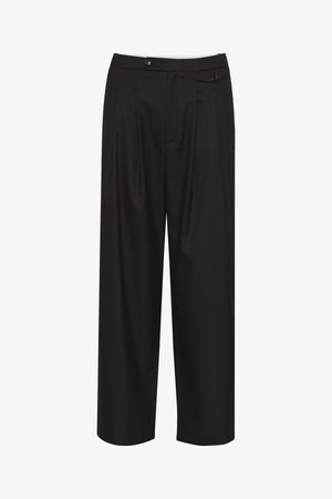 Sorte vidde bukser med skreddersydd design, som har frontplisser, flat midje og to knappdetaljer på midjen.