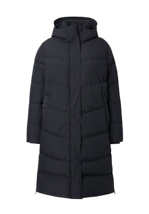 Schwarze Daunenjacke mit Kapuze, ausgestattet mit einem gesteppten Design und diagonaler Naht. Lange Ärmel und ein mittellanger Schnitt bieten Schutz.