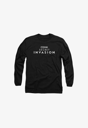 Black long-sleeve t-shirt made of cotton, featuring the text "MARVEL STUDIOS SECRET INVASION" in white bold font on the front.