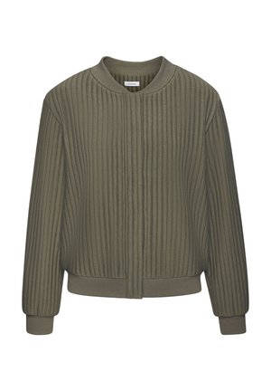 Olive green, ribbed fabric jacket with a round neckline, front zipper, and elastic cuffs. Features a relaxed fit and soft texture.