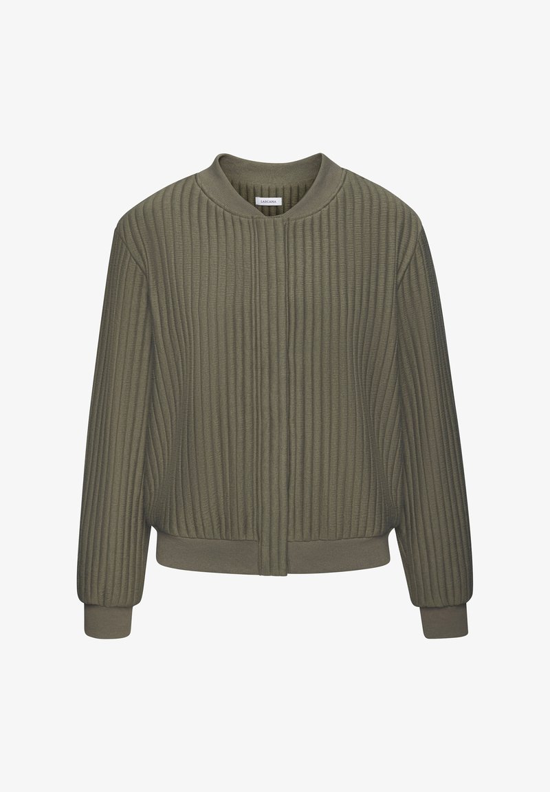 Olivovo zelená bunda z ribového materiálu s okrúhlym výstrihom, predným zipsom a elastickými manžetami. Má voľný strih a mäkkú textúru.