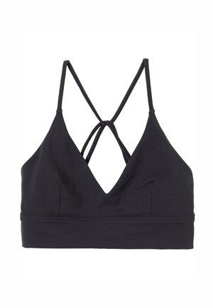Fekete sportmelltartó mély V-kivágással, keresztben futó pántokkal a hátrészen és sima anyagból. Az alján logó található.