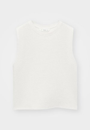 White, sleeveless top with a textured finish, round neckline, and straight cut. Made from a lightweight fabric.