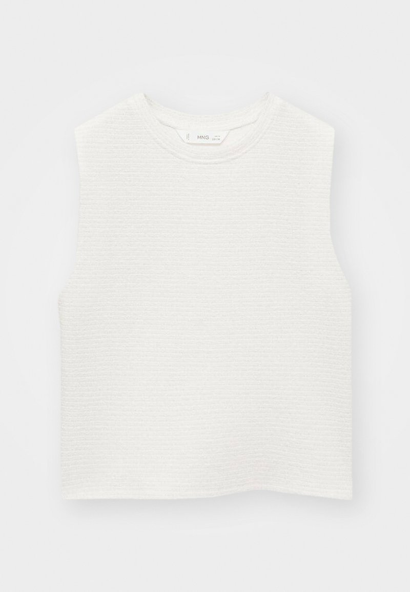 Biely, bezrukávový top s textúrovaným povrchom, okrúhlym výstrihom a rovný strih. Vyrobený z ľahkej tkaniny.